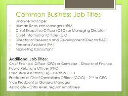 Providing financial reports and interpreting financial information to managerial staff while recommending manage the preparation of the company's budget. Job Descriptions And Dream Jobs March 20 Common Business Job Titles 1 Finance Manager 2 Human Resource Manager Hrm 3 Chief Executive Officer Ppt Download