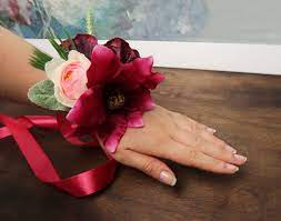 Tropical Wrist Corsage In Fuchsia And Burgundy Mother Of Bride Corsage Corsage Wrist Corsage