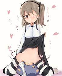 absurdres bandage blush brown eyes brown hair crotch rub  facesitting female girls und panzer hair ribbon hairband highres long  sleeves looking at viewer masturbation muoto navel no panties one