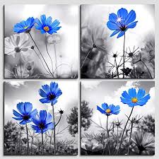 Black And White Flower Canvas Wall Art Wall Art For Bedroom Black And White Cyan Blue Flower Canvas Wall Decor For Home Decor Artwork Paintin Blue Flower Painting Big Canvas Prints Canvas Wall Decor