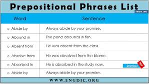 4) the adverb phrase answers the following types of questions about the verb . Prepositional Phrases List Pdf Prepositional Phrases English Vocabulary Words Vocabulary Words