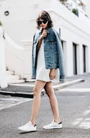 Simple Spring Outfit Shirt Dress Denim Jacket Sneakers Denim Fashion Dress And Sneakers Outfit Casual Summer Outfits