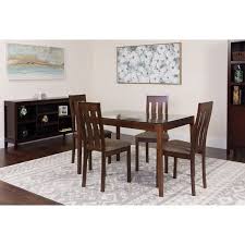 The coordinating espresso chairs sport an intrica te back design and comfort cushioned chairs upholstered in durable, contrasting gray fabric. Walmart For Flash Furniture Belvedere 5 Piece Espresso Wood Dining Table Set With Glass Top And Vertical Slat Back Wood Dining Chairs Padded Seats Accuweather Shop