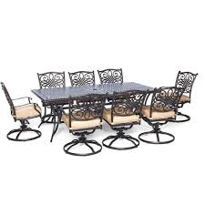 Cambridge Seasons 9 Piece Aluminum Outdoor Dining Set With Tan Cushions With 8 Swivel Dining Chairs And Dining Table Seasdn9pcsw 8 The Home Depot In 2020 Swivel Dining Chairs Outdoor Dining Furniture Patio Dining Set