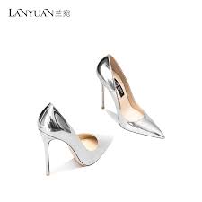 兰宛12cm银色高跟鞋女2021年秋冬新款设计感小众尖头细跟欧美单鞋-Taobao