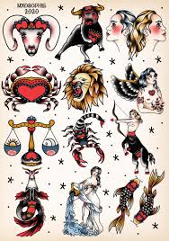 Zodiac Full Collection Traditional Tattoo Flash Sheet By Etsy In 2021 Traditional Tattoo Flash Sheets Traditional Tattoo Sleeve Traditional Tattoo Halloween