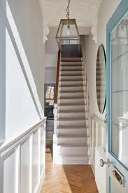 Grey herringbone flatweave carpet stair runner with black taped edge. Coffee Stain Oak Herringbone Parquet Sophisticated Staircase Carpet Runner Coastal Entrance London By Fairfax Flooring Houzz Uk