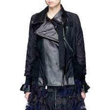 Sacai Leather Panel Calligraphy Quilted Jacket 2 550 Liked On Polyvore Featuring Outerwear Jackets Blue Leather Jacket Clothes Design Real Leather Jacket