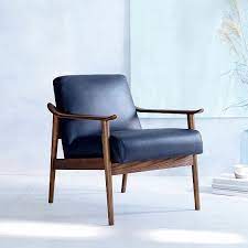 Mid Century Leather Show Wood Chair Blue Leather Chair Tan Leather Chair Wood Chair