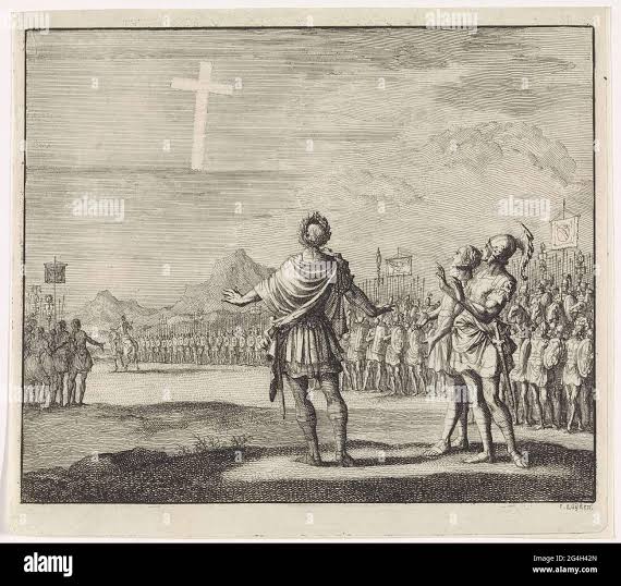 Emperor Constantine The Great is next to his soldiers on the battlefield.  He sees a vision of a luminous cross in the air Stock Photo - Alamy