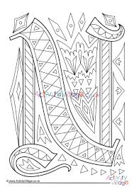 This coloring page shows a large letter n with colorable pictures of a net, nail, nose, nest, night, necklace and nickel inside it. Illuminated Letter N Colouring Page