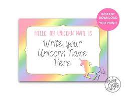 Name tags (2 styles, 2 on one 8.5 x 11 in page)table signs (3 sizes available: Rainbow Unicorn Name Tags Printable Rainbow Unicorn Name Etsy
