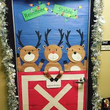 Reindeer Christmas Door Decoration With Rudolph At The Reindeer Stables Christmas Door Decorations Christmas Door Decorating Contest Door Decorating Contest