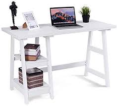 Tangkula Writing Computer Desk Trestle Desk Study Desk Laptop Pc Desk Modern Wood Vintage Style Modern Computer Desk Modern Wood Desk Home Office Furniture