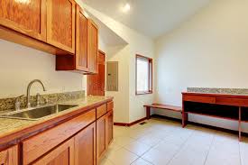 There are basins that do not contain any cabinet below them. Bright Kitchen Room Interior With Brown Storage Cabinets Granite Counter Top And Tile Floor Stock Image Image Of Sink Bright 73311159