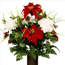 White Hydrangea And Red Poinsettias Md1813 Christmas Flower Arrangements Cemetery Flowers Christmas Floral Arrangements