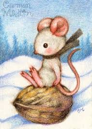 Sledding On A Walnut Winter Mouse Art By Carmen Medlin Art Cute Drawings Cute Mouse