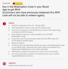 Use our best boost app voucher codes to redeem 10% cashback on your order ✅ save with the latest 8 verified codes in february at cuponation! Boost Rm3 Redemption Code Voucher Shopee Malaysia
