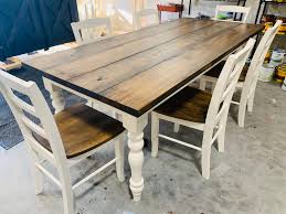 Attach mirrors to dressers, hutches to buffets. 7ft Rustic Farmhouse Table With Chairs And Turned Legs Dark Walnut Top And Antique White Base Wooden Dining Table