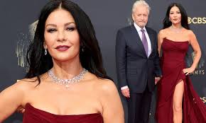 Catherine Zeta-Jones hits the red carpet in a burgundy strapless gown at  the 73rd Emmys | Daily Mail Online