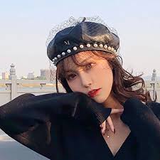 Fashion PU leather beret hat retro mesh black beret pearl painter hat net  red same octagonal hat