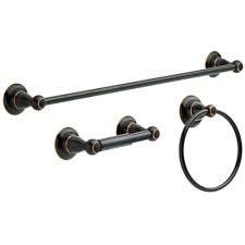 Usually, towel bars are used to hold on to larger bath towels, while bathroom towel rings are designed to bathroom hardware comes in a variety of materials from wood and plastic to metal. Delta Porter 3 Piece Bath Hardware Set With Towel Ring Toilet Paper Holder And 24 In Towel Bar In Oil Rubbed Bronze 78463 Orb The Home Depot