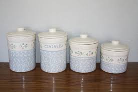 Cork lids top our stoneware canisters to keep kitchen staples fresh. Vintage White And Blue Crock Kitchen Canisters Set Of 4 By Etsy