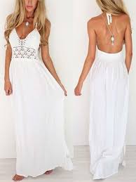Bis zu 30% reduziert aktion: Weiss Spaghettitrager Ruckenfrei V Ausschnitt Sexy Sommer Maxikleid Maxikleider Kleider