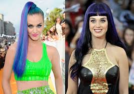 Katy Perry Toned Down Her Multicolored Ponytail By Just Adding A Few Blue Streaks To Her Flowing Black Hair Celebrity Hairstyles Hair Fashion Makeup