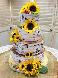 Birch Tree Wedding Cake With Sunflowers Birch Bark Wedding Cake With Sunflowers Country Wedding Cakes Wedding Cake Rustic Sunflower Wedding Cake
