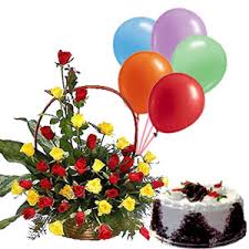 Balloons arrangements for birthday or anniversary and more occasions. Basket Arrangement Of 30 Red And Yellow Roses With 1 Pound Fresh Cream Black Forest With 5 Pcs Of Full Blown Balloons Myflowergift