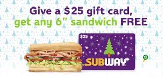 Just take this change to shop and enjoy the great deal: Subway Canada Free 6 Sub With 25 Gift Card Purchase