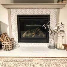 Fireplace Update Peel And Stick Vinyl Tile Magnolia Hearth And Hand Style Diy Fixer Upper Style Farmhous Diy Fireplace Makeover Fireplace Fireplace Update