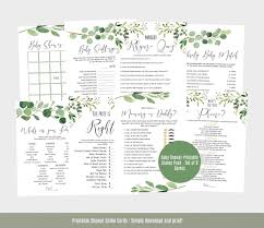 The most common baby shower games material is paper. Baby Shower Games Template Greenery Baby Shower Game Cards Etsy Baby Shower Game Cards Baby Shower Games Printable Baby Shower Games