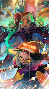 d 2girls d arms up ascot belt belt buckle black hat black jacket black pants blurry blurry background brown hair buckle ca splatoon anime splatoon 2 art