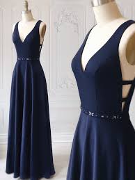 A Line V Neck Dark Navy Blue Prom Dresses With Belt Dark Navy Blue Formal Graduation Evening Dresses Prom Dresses Blue Blue Evening Dresses Prom Dresses Long