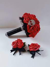 This paolo sebastian design is still pretty and feminine, but has that gothic feel you need for a halloween theme. Halloween Bouquet Skull Bouquet Red Bouquet Black Bouquet Gothic Bouquet Rhinestone Bouquet Boutonnieres Co Red Purple Wedding Halloween Bouquets Skull Wedding