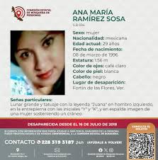 Solicitamos su colaboración para localizar a la C. Ana María Ramírez Sosa  desaparecida desde el 16 de julio de 2018, cualquier información contactar  al número y/o correo que aparece al margen de