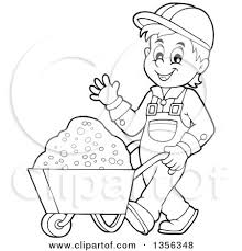 Great selection of construction worker clipart images. Clipart Of A Cartoon Black And White Construction Worker Moving Sand In A Wheelbarrow Royalty Free Vector Illustration By Visekart 1356348
