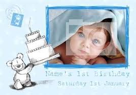 Create a defined space for baby's reaction to birthday cake #1 that also provides a good angle for the photographer. Baby Boy 1st Birthday Party Invite Postcard Funky Pigeon