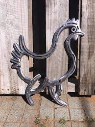 Girl On The Go Chicken Made From Recycled Steel Horseshoes Stands Approximately 38cm Tall Designed And Ma Welding Art Welding Art Projects Horseshoe Art