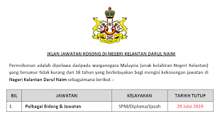 Jawatan kosong guru kpm (kementerian pendidikan malaysia) interim dibuka untuk mereka yang berkelayakkan dan berminat. Jawatan Kosong Di Negeri Kelantan Darul Naim Kelayakan Spm Diploma Ijazah Ejawatankini Com