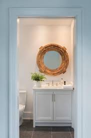 How tall and wide is a caskill bathroom mirror? Round Wood Mirror With White Shaker Single Washstand Cottage Bathroom