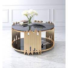 Glass black and gold coffee table. Acme Tanquin Round Glass Top Coffee Table In Black And Gold 84490