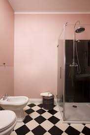 Black And White Checkered Tiles Bathroom Pink Eclectic Bathroom With Black And White Floor Checker Floor Balck And White Floor Black Shower Pin Pink Bathroom Eclectic Bathroom Black Bathroom Floor