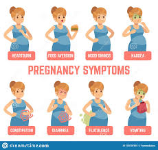 Pregnancy Symptoms Early Signs Pregnant Woman Change Appetite Heartburn Vomiting Diarrhea Constipation Mood Swings Stock Vector Illustration Of Gestation Flatulence 155707691