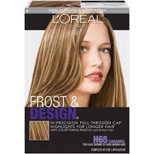 L Oreal Paris Frost Design Hi Precision Pull Through Cap Highlights H65 Caramel 1 Kit In 2021 Long Hair Highlights Box Hair Dye Cap Highlights