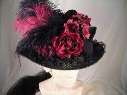 2520 Ladies Black Victorian Touring Hat With Black Lace Burgundy Crown Victorian Hats Tea Party Hats Tea Hats