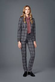 Women S Grey Plaid Suit Burgundy Print Long Sleeve Blouse Black Leather Oxford Shoes Lookastic