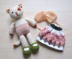 Hand Knit Cat Girl In Dress Cute Knitted Toy Cat Girl Doll Etsy Little Cotton Rabbits Girl Stuffed Animals Knitted Dolls
